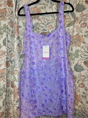 Beginning Boutique Lavender Purple Sequin Floral Prom Dress